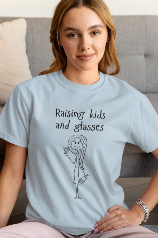 Raising kids and glasses, moms and wine, wine lover shirt, comfy mom, comfort color tee, wine tshirt, mom life, parenting humor, busy moms - Image 7