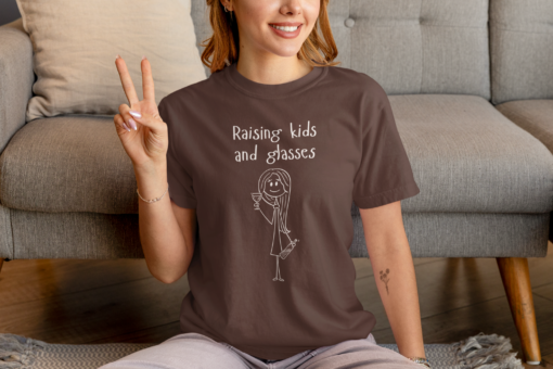 Raising kids and glasses, moms and wine, wine lover shirt, comfy mom, comfort color tee, wine tshirt, mom life, parenting humor, busy moms - Image 8