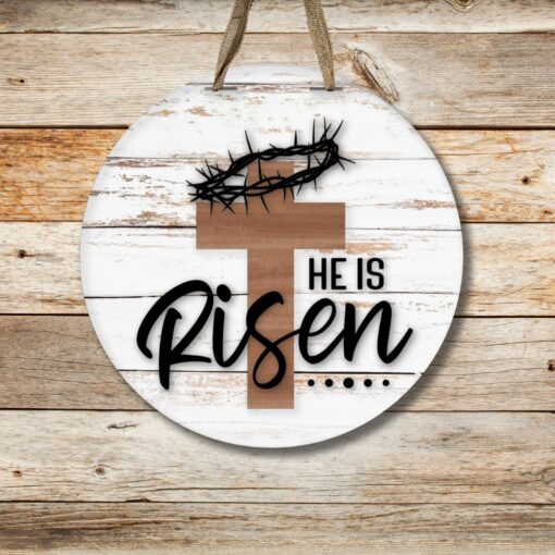 He Is Risen: Elegant Lasercut Wood Sign with Cross and Crown - Perfect for Easter Decor